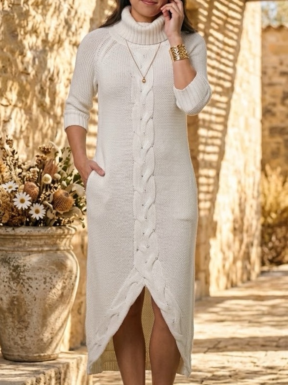 Allison Brittney Cream Cable Knit Turtleneck Sweater Dress Size L High Low